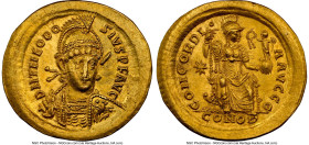 Theodosius II, Eastern Roman Empire (AD 402-450). AV solidus (22mm, 4.42 gm, 5h). NGC Choice AU 5/5 - 3/5, edge filing. Constantinople, 5th officina, ...