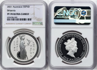 British Administration. Elizabeth II silver Proof "Bonomi Pattern - Minerva" 5 Pounds 2021 PR70 Ultra Cameo NGC, Commonwealth mint, KM-Unl. HID0980124...
