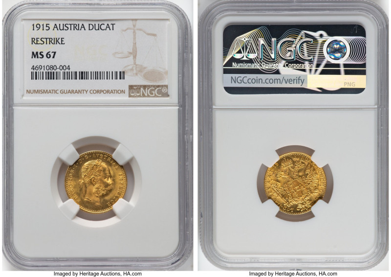 Franz Joseph I gold Restrike Ducat 1915 MS67 NGC, Vienna mint, KM2267, Fr-494. L...