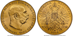Franz Joseph I gold Restrike 100 Corona 1915 MS66 NGC, Vienna mint, KM2819, Fr-507R. Aesthetically pleasing with spectacular golden luster.. HID098012...