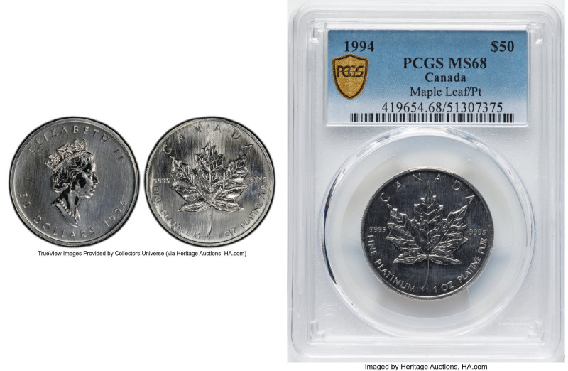 Elizabeth II platinum "Maple Leaf" 50 Dollars 1994 MS68 PCGS, Royal Canadian min...