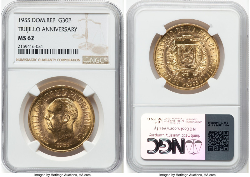 Republic gold "Trujillo Anniversary" 30 Pesos 1955 MS62 NGC, Philadelphia mint, ...