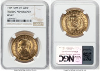 Republic gold "Trujillo Anniversary" 30 Pesos 1955 MS62 NGC, Philadelphia mint, KM24, Fr-1. Mintage: 33000. 25th Anniversary of Trujillo regime. HID09...