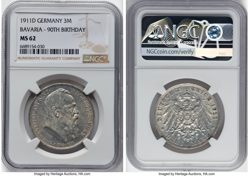 Bavaria. Otto "90th Birthday of Prince Regent Luitpold" 3 Mark 1911-D MS62 NGC, ...