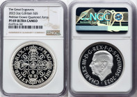 Charles III silver Proof "Petition Crown - Quartered Arms" 5 Pounds (2 oz) 2023 PR69 Ultra Cameo NGC, Mintage: 3,260. Great Engravers series. Reverse ...