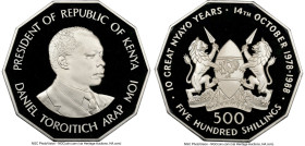 Republic Proof "10th Anniversary of Moi as President" 500 Shillings 1988 PR69 Ultra Cameo NGC, Royal mint, KM24. 10 Great Nyayo Years / 10 Sided. From...