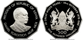 Republic Proof "10th Anniversary of Moi as President" 500 Shillings 1988 PR69 Ultra Cameo NGC, Royal mint, KM24. 10 Great Nyayo Years / 10 Sided. From...