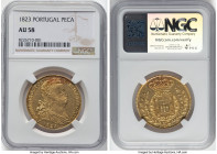 João VI gold 6400 Reis (Peça) 1823 AU58 NGC, Lisbon mint, KM364. Lightly circulated example with minor wear and bountiful luster. HID09801242017 © 202...