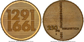 Confederation gold "700 Years of Confederation" 250 Francs 1991-B MS67 NGC, Bern mint, KM71.2. Edge: "1291-1991". HID09801242017 © 2024 Heritage Aucti...
