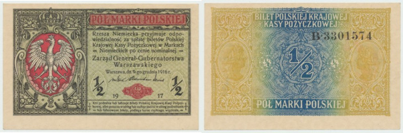 GG, 1/2 mkp 1916 B Generał Bardzo dobrze zachowany banknot, o mocnej kolorystyce...