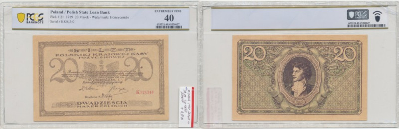 II RP, 20 Polish marks 1919 K - PCGS 40 Egzemplarz o bardzo dobrej prezencji wiz...