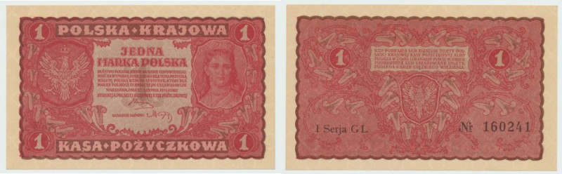 II RP, 1 marka polska 1919 I SERIA GL Banknot o idealnej żywej kolorystyce druku...