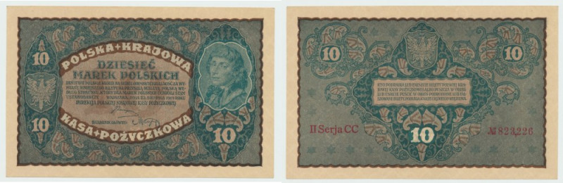 II RP, 10 marek polskich 1919 II Serja CC Banknot w ładnym stanie zachowania Dro...