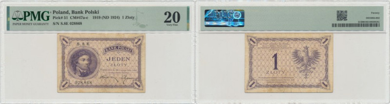 II RP, 1 złoty 1919 S. 8 E PMG 20 Atrakcyjny egzemplarz rzadkiej serii jednocyfr...