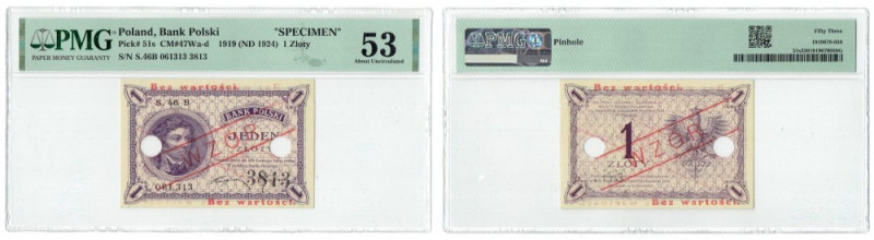 II Republic of Poland, 1 zloty 1919 - PMG 63 Rzadki wzór serii S.46 B z nadrukie...