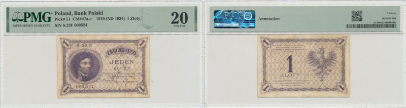 II RP, 5 złotych 28 lutego 1919 S. 23. E. - PMG 20 NUMER 000,524 Obiegowy stan, ...