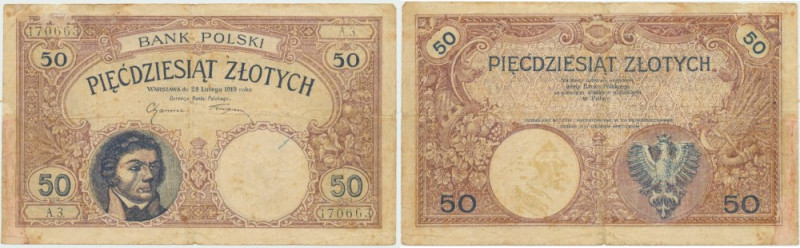 II RP, 50 złoty 1919 A. 3 - Fałszerstwo z epoki Wyjątkowej jakości fałszerstwo w...