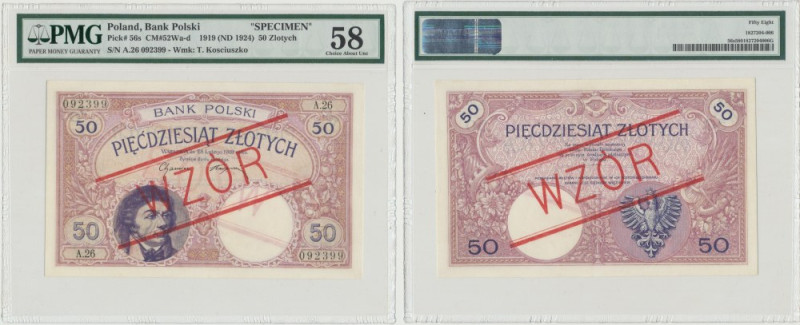 II RP, 50 złoty 1919 A. 26 WZÓR - PMG 58 RZADKOŚĆ Wyjątkowy wzór emisji 1919 Pię...