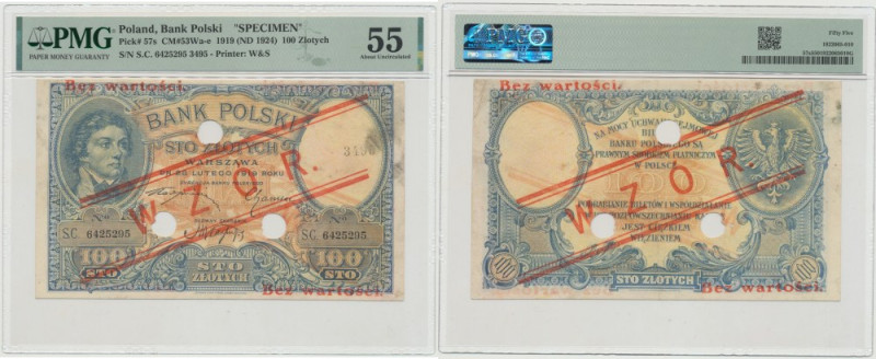 II RP, 100 złotych 1919 WZÓR - wysoki nadruk, PMG 55 Egzemplarz w pięknym&nbsp; ...