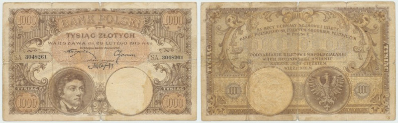 II RP, 1000 złotych 28 lutego 1919 Banknot z wyraźnymi śladami obiegu, o akcepto...