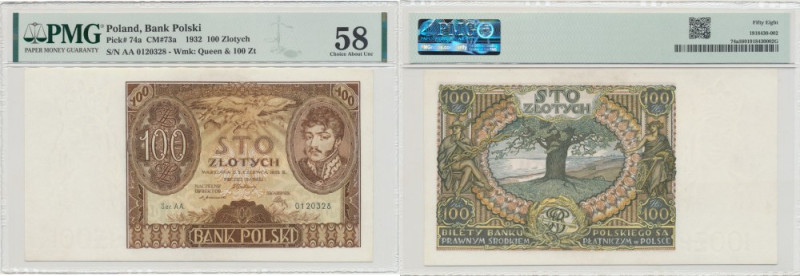 II RP, 100 złotych 1932 AA - PMG 58 Rzadka i poszukiwana pierwsza seria AA. Bank...