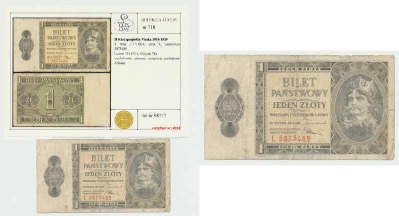 II RP, 1 złoty 1938 L ex. LUCOW Rzadka i poszukiwana seria jednoliterowa. Bankno...