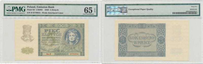GG, 5 złotych 1940 B - PMG 65 EPQ Banknot w emisyjnym stanie zachowania, o piękn...