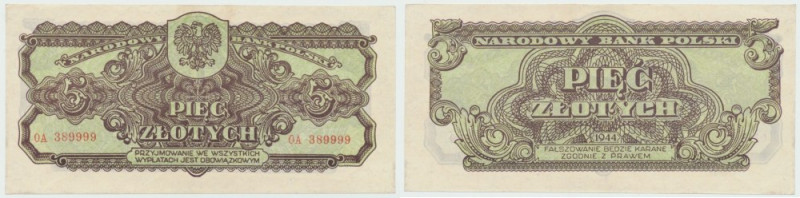 PRL, 5 złotych 1944 OA '...owym' - RZADKOŚĆ ! Bardzo dobrze zachowany banknot o ...