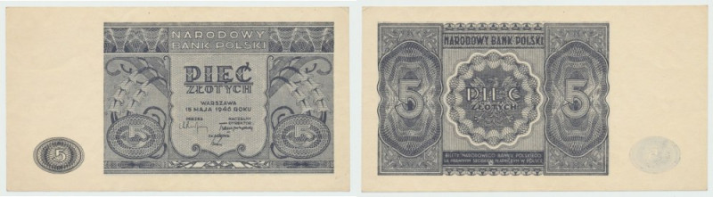 PRL, 5 złotych 1946 Egzemplarz w stanie niemal emisyjnym o dobrej prezencji wizu...