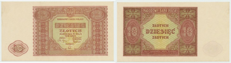 PRL, 10 złotych 1946 Banknot w emisyjnym stanie zachowania o doskonałej prezencj...