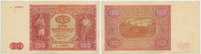 PRL, 100 zlotys 1946 J Rzadszy banknot w wizualnie dobrej kondycji, złamany w pi...