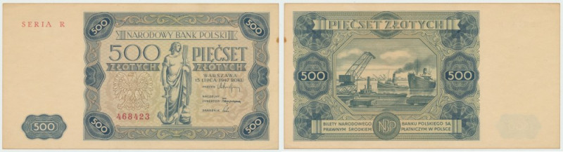 PRL, 500 złotych 1947 R - RZADKOŚĆ ! Doskonale zachowany banknot, o żywej kolory...