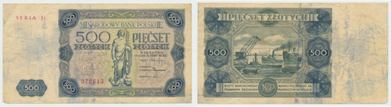 PRL, 500 złotych 1947 J2 Banknoty o poprawnej wizualnie prezencji z widocznymi ś...