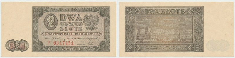 PRL, 2 zloty 1948 P Bardzo dobrze zachowany banknot o idealnej żywej kolorystyce...