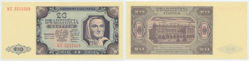 PRL, 20 złotych 1948 KE Bardzo dobrze zachowany banknot o idealnej żywej kolorys...