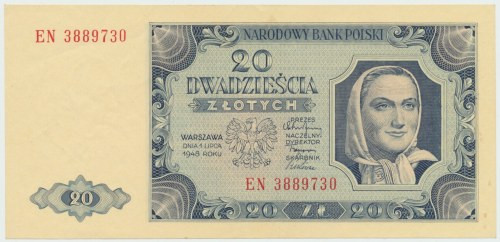 PRL, 20 złotych 1948 EN - RZADKOŚĆ Piękna prezencja wizualna, banknot rzadszej s...