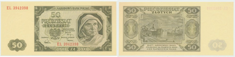 PRL, 50 złotych 1948 EL Doskonale zachowany banknot o żywej kolorystyce druku, d...