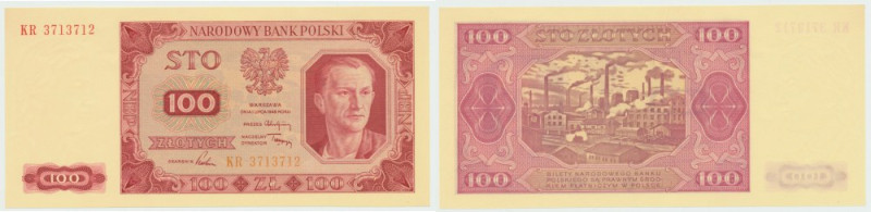 PRL, 100 złotych 1948 KR Egzemplarz w niemal emisyjnym stanie zachowania, zagnie...
