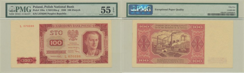 PRL, 100 złotych 1948 L - PMG 55EPQ Rzadka i poszukiwana jednoliterowa seria chę...