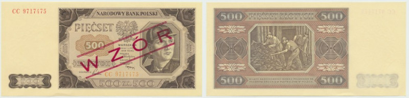 PRL, 500 złotych 1948 CC - WZÓR Banknot w kondycji niemal emisyjnej, minus za za...