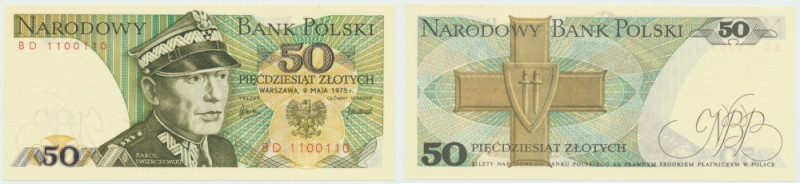 PRL, 50 złotych 1975 BD - 1100110 Wyśmienicie zachowany banknot o idealnej żywej...