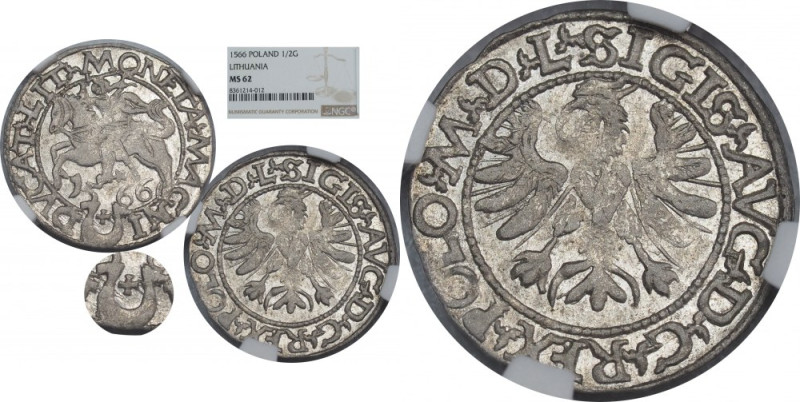 Sigismund II Augustus, Half-grosz 1566, Tykocin, large Jastrzębiec, L/LIT - NGC ...
