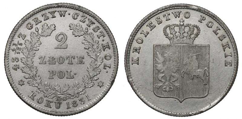 November Uprising, 2 zloty 1831 Odmiana z Pogonią z pochwą miecza. Przyzwoite, w...
