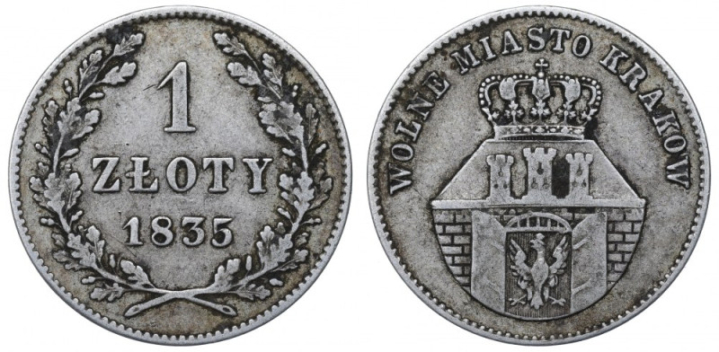 Free City of Cracow, 1 zloty 1835 Obiegowy egzemplarz lubianej emisji. Emisja Wo...