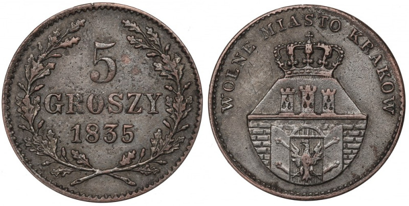 Free City of Cracow, 5 groschen 1835 Naturalny, obiegowy egzemplarz lubianej emi...