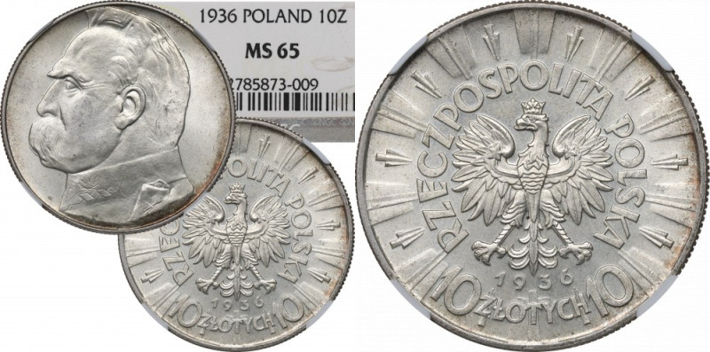 II Republic of Poland, 10 zloty 1936 Pilsudski - NGC MS65 Piękny, menniczy egzem...