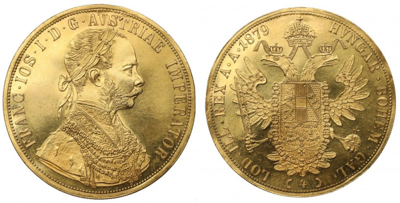 Austria, Franz Joseph I, 4 ducats 1879, Vienna Ślad po oprawie z mocowaniem nad ...