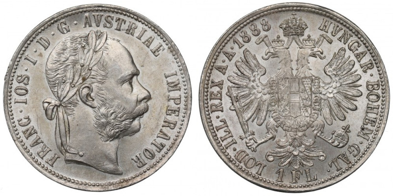 Austria, Franz Joseph, 1 florin 1888 Wyśmienity przykład tej emisji. Delikatne n...