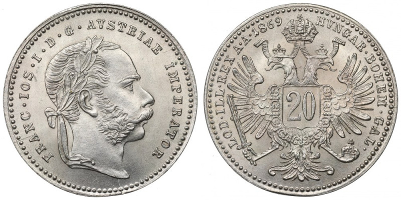 Austria, Franz Joseph, 20 kreuzer 1869 Piękny przykład tej emisji. Nieznaczne za...