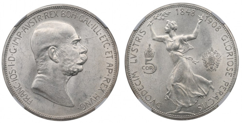 Austria, Franz Joseph, 5 corona 1908 - NGC MS63 Obverse: The bust of Franz Josep...